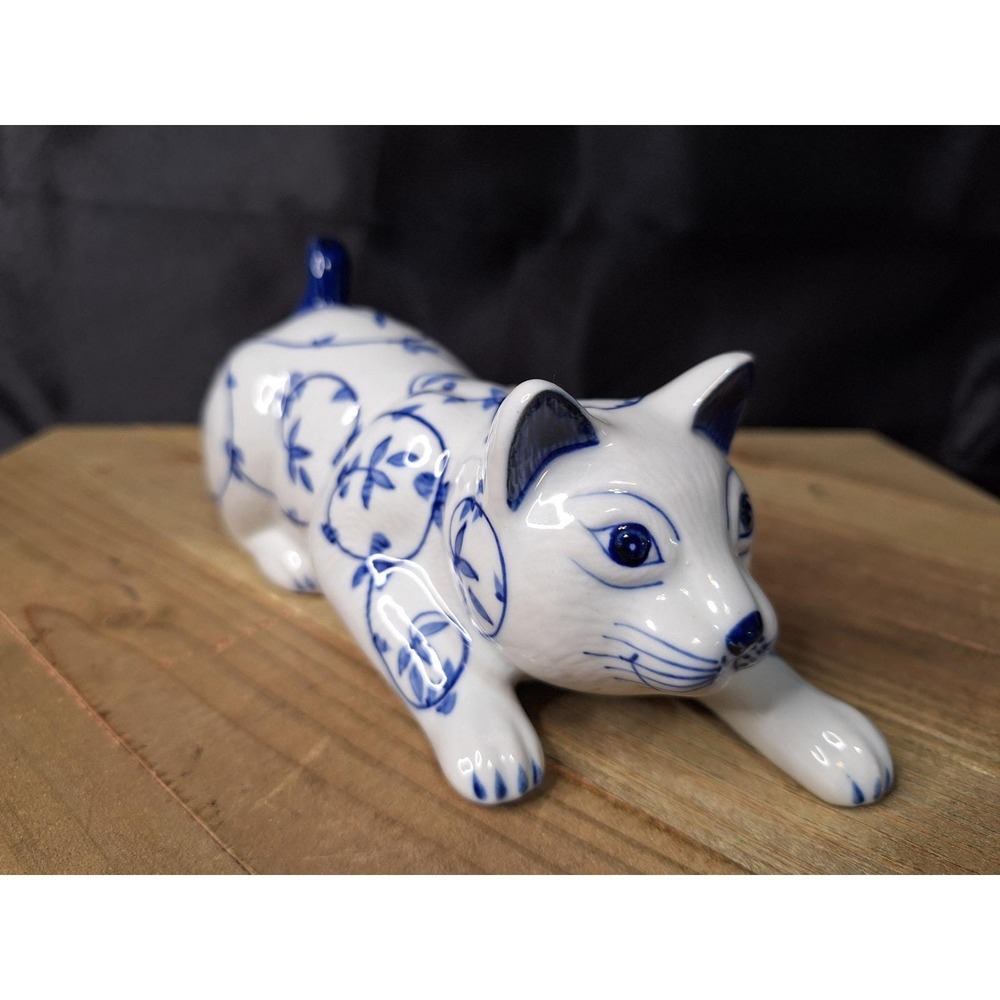 Vintage Blue and White Porcelain Cat Figurine Floral Vine Chinoiserie Decor